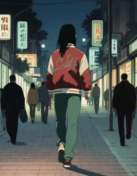 score_9,  score_8_up, score_7_up, source_anime, <lora:izumi-maho-koyuki-ponyxl:1> minamimaho, letterman jacket,
1girl, walking, at night, looking to the side, city streets, neon signs, crowd