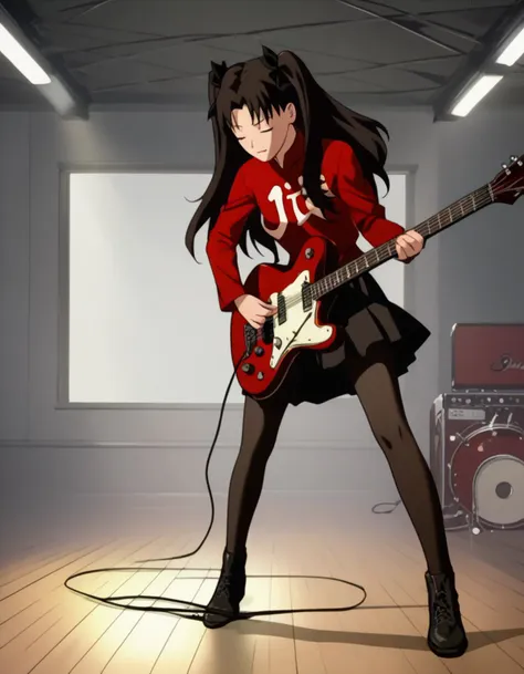 score_9,  score_8_up, score_7_up, source_anime, <lora:izumi-maho-koyuki-ponyxl:1> 1girl, tohsaka rin, stage, guitar