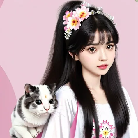 masterpiece, 4k,8k, highres, high quality, ultra-detailed, 1girl, animal, black eyes, black hair, blush, bunny, cat, flower, hair flower, hair ornament, holding animal, long hair, looking at viewer, solo, upper body, white background,<lora:Q_gufeng:0.8>