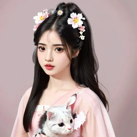masterpiece, 4k,8k, highres, high quality, ultra-detailed, 1girl, animal, black eyes, black hair, blush, bunny, cat, flower, hair flower, hair ornament, holding animal, long hair, looking at viewer, solo, upper body, white background,<lora:Q_gufeng:0.8>