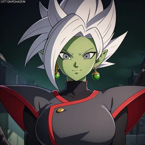 Best_QualityPos, RAW photo, intricate details, best quality, 8k uhd, soft lighting, 1girl, solo, large breasts, colored skin, green skin, spiked hair, white hair, grey eyes, earrings, dougi <lora:Fusion_Zamasu:0.6>