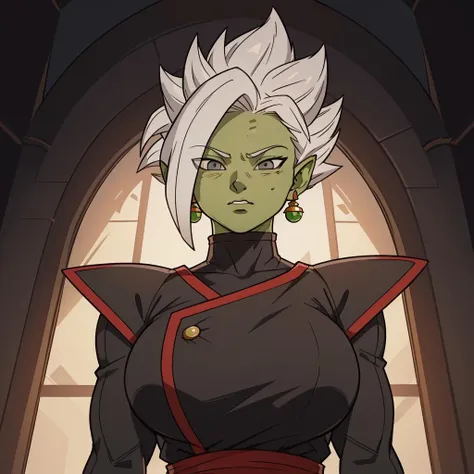 Best_QualityPos, RAW photo, intricate details, best quality, 8k uhd, soft lighting, 1girl, solo, large breasts, colored skin, green skin, spiked hair, white hair, grey eyes, earrings, dougi <lora:Fusion_Zamasu:0.6>