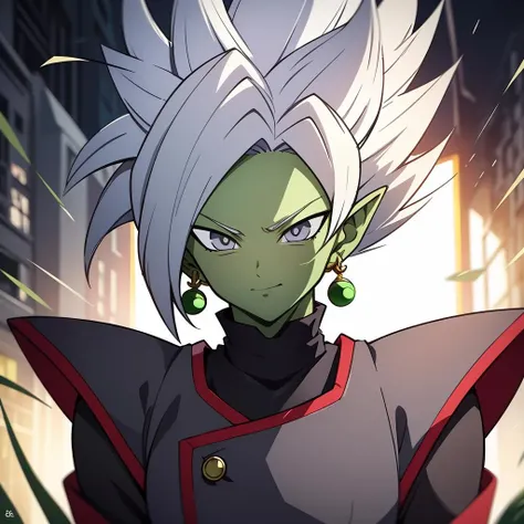 Best_QualityPos, RAW photo, intricate details, best quality, 8k uhd, soft lighting, 1girl, solo, colored skin, green skin, spiked hair, white hair, grey eyes, earrings, dougi <lora:Fusion_Zamasu:0.6>