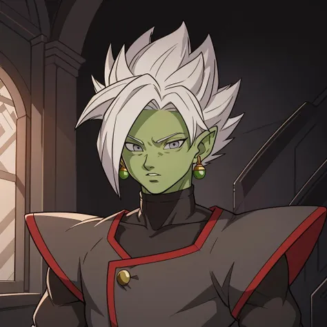 Best_QualityPos, RAW photo, intricate details, best quality, 8k uhd, soft lighting, 1boy, solo, colored skin, green skin, spiked hair, white hair, grey eyes, earrings, dougi <lora:Fusion_Zamasu:0.6>