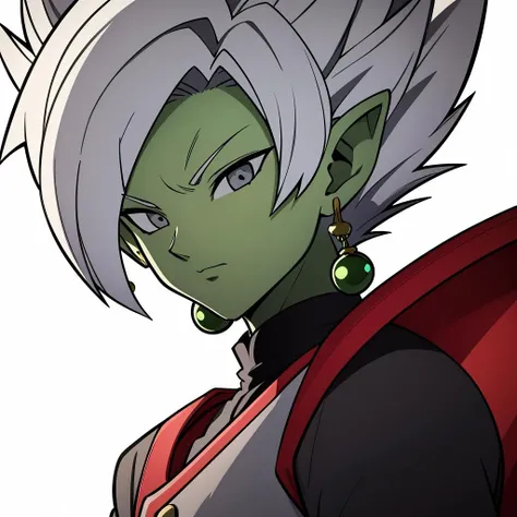 Best_QualityPos, RAW photo, intricate details, best quality, 8k uhd, soft lighting, 1boy, solo, colored skin, green skin, spiked hair, white hair, grey eyes, earrings, dougi <lora:Fusion_Zamasu:0.6>