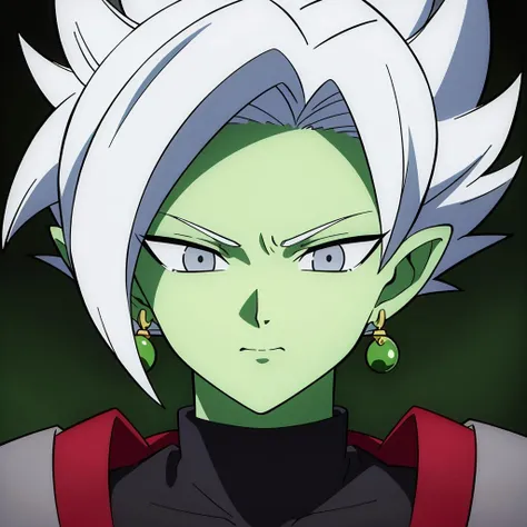 Best_QualityPos, RAW photo, intricate details, best quality, 8k uhd, soft lighting, 1boy, solo, colored skin, green skin, spiked hair, white hair, grey eyes, earrings, dougi <lora:Fusion_Zamasu:0.6>