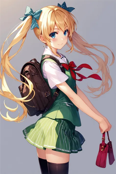 score_9,score_8_up,score_7_up,masterpiece,best quality,very aesthetic,absurdres,official art,official style,anime screencap,
1girl,backpack,solo,bag,thighhighs,randoseru,twintails,skirt,blue eyes,blonde hair,black thighhighs,looking at viewer,smile,zettai ryouiki,white background,blush,hair bow,simple background,bow,ribbon,short sleeves,school uniform,from side,green skirt,cowboy shot,long hair,striped,vertical stripes,holding strap,striped skirt,
<lora:Misaki Kurehito_XL_PONY:0.8>,