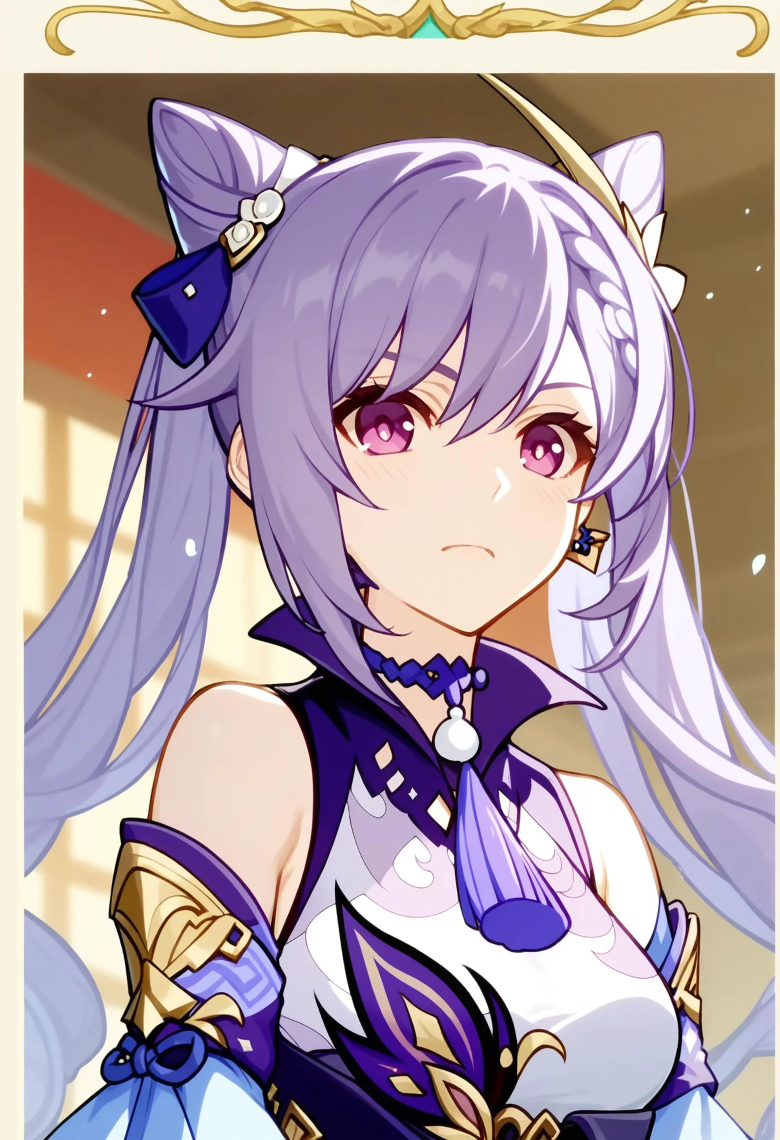 <lora:PONY-ç»-Misaki Kurehito:0.8> ,score_9,score_8_up,score_7_up,official art,official style,anime screencap,solo,1girl, <lora:PONY-人-åç¥all:0.7>,keqing_\(genshin_impact\), 1girl, cone_hair_bun, double_bun, bare_shoulders, medium_breasts, cleavage, detached_sleeves,, uncensored,<lora:add-detail-xl:1>,<lora:Expressive_H-000001:0.8>