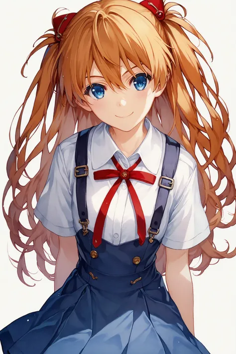 score_9,score_8_up,score_7_up,masterpiece,best quality,very aesthetic,absurdres,official art,official style,anime screencap,
1girl,souryuu asuka langley,solo,long hair,school uniform,blue eyes,smile,white background,ribbon,shirt,simple background,orange hair,short sleeves,skirt,red ribbon,neck ribbon,white shirt,bangs,hair between eyes,looking at viewer,tokyo-3 middle school uniform,signature,closed mouth,two side up,hair ornament,suspender skirt,interface headset,suspenders,traditional media,cowboy shot,blue skirt,
<lora:Misaki Kurehito_XL_PONY:0.8>,