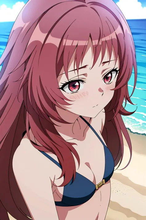 masterpiece, perfect lighting, (beautiful, best quality:1.3), perfect eyes, absurdres, 8k,
1girl, solo, (absurdres), finely detail,
<lora:Ai Mie V1:0.65>, ai_mie, long hair, red eyes, red hair, small breasts,
cute, beach, bikini,