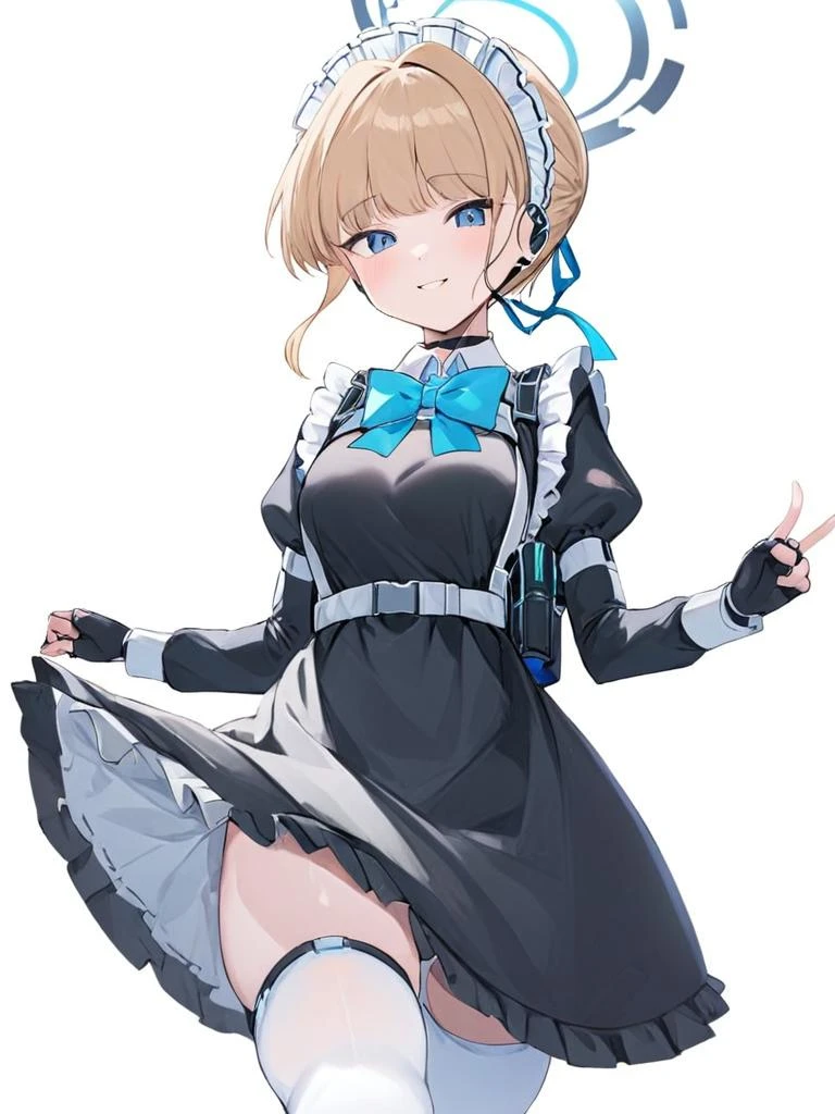 ultra-detailed,(best quality),((masterpiece)),(highres),original,extremely,<lora:feiniaox_xl:1>,feiniao,1girl,solo,gloves,earpiece,thighhighs,bow,fingerless gloves,maid headdress,apron,double v,v,headset,white background,blue bow,halo,black gloves,white thighhighs,maid,simple background,bowtie,blue bowtie,long sleeves,frills,white apron,frilled apron,dress,maid apron,looking at viewer,smile,puffy sleeves,pouch,short hair,ribbon,closed mouth,chest harness,standing,feet out of frame,breasts,zettai ryouiki,black dress,harness,