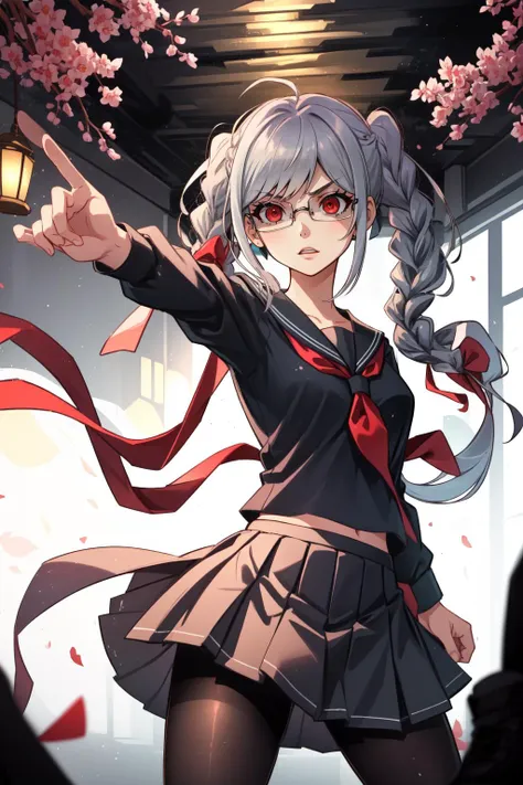 (masterpiece, best quality),  intricate details,
1girl,  <lora:pekopekoyama-lora-nochekaiser:0.8> peko pekoyama, braid, long hair, (red eyes:1.5), twin braids, glasses,, black pantyhose, black shirt, brown footwear, collarbone, pantyhose, pleated skirt, school uniform, serafuku, shirt, shoes, skirt,
indoors, angry,  <lora:shadedFaceEyesIn_shadedFace:0.8> shaded face