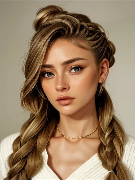 photo of <lora:sd15_lora_AnnaVonKlinski_96_v1:.9> AnnaVonKlinski with dirty blonde highlights, focus on eyes, close up on face, hair styled as cascading braids bun, vignette