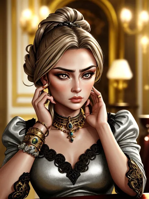 (baroque style, ornate, silver, dramatic, highly detailed:1.15), <lora:sd15_lora_AnnaVonKlinski_96_v1:.9> AnnaVonKlinski with dirty blonde highlights, focus on eyes, close up on face, pouting, wearing jewelry, hair styled as loose chignon, vignette