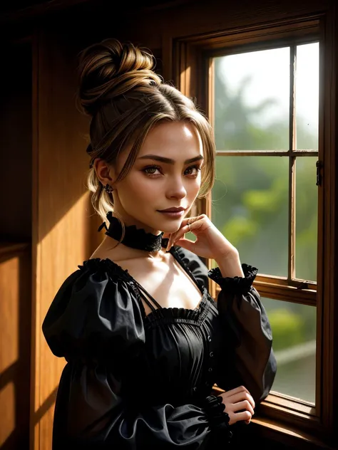 (gothic rendition, dark, macabre, highly detailed, brooding:1.15), (from below, headshot:1.2) <lora:sd15_lora_AnnaVonKlinski_96_v1:.9> AnnaVonKlinski with dirty blonde highlights, smiling, she is wearing pineapple print sukajan , her hair is styled as half-up bun hair, BREAK she is (in the attic:1.1), silhouetted against the window, hologram effect,50mm ,