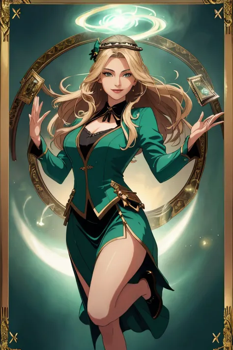 realistic photo of <lora:sd15_lora_AnnaVonKlinski_96_v1:.9> AnnaVonKlinski with dirty blonde highlights, portrait, solo, (full body:0.6), detailed background, detailed face, ( theme:1.1), wide smile, (card-wizard:1.05), swindler, Medium sea green magician outfit, dynamic pose, (25%dice floating in the air:1.15), glowing magical symbols, casino in background, ethereal atmosphere, **(trading card, picture frame, border:1.2),**