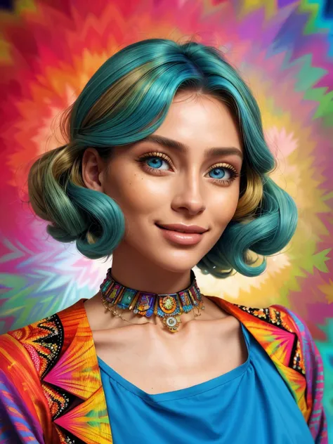 (psychedelic version, vibrant, kaleidoscopic, surreal, detailed:1.15), <lora:sd15_lora_AnnaVonKlinski_96_v1:.9> AnnaVonKlinski with dirty blonde highlights, focus on eyes, close up on face, smile, wearing jewelry, light blue color hair styled as Curly Retro Bob,