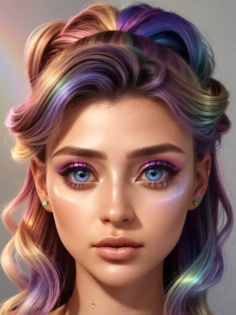 (holographic style, rainbow, shimmer, 3D effect, detailed:1.15), <lora:sd15_FranceskaFournier_v2:.9> FranceskaFournier glamour photography young invisible makeup, focus on eyes, close up on face, smile, radish color hair styled half-up chignon, black and white
