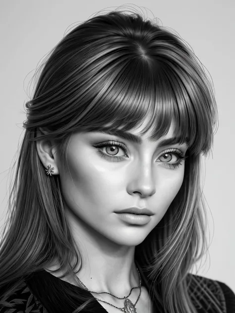 (scratchboard style, monochrome, texture, highly detailed, engraving:1.15), <lora:sd15_lora_AnnaVonKlinski_96_v1:.9> AnnaVonKlinski with dirty blonde highlights, focus on eyes, close up on face, wearing jewelry, hair styled as Straight Layered Bangs,