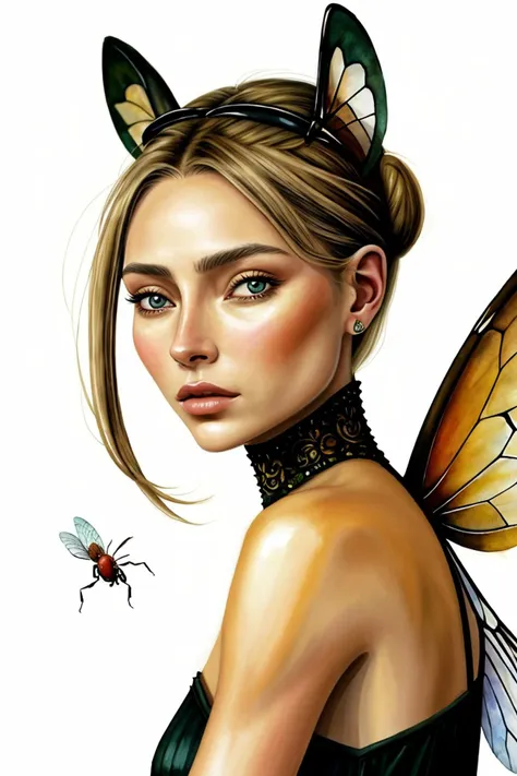 an extremely detailed, intricate watercolor painting of <lora:sd15_lora_AnnaVonKlinski_96_v1:.9> AnnaVonKlinski with dirty blonde highlights with ant antenna on her head, she has multifaceted eyes, she has insect wings for ears