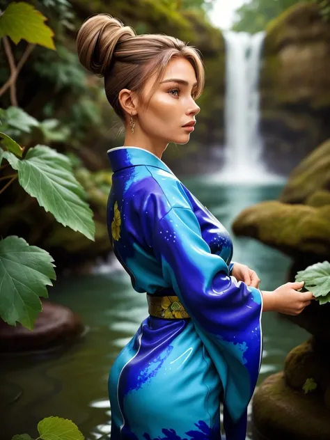 (glaze art style, ceramic, shiny, detailed, vibrant:1.15), upper-body <lora:sd15_lora_AnnaVonKlinski_96_v1:.9> AnnaVonKlinski with dirty blonde highlights, focus on face, side view wearing a blueberry print kimono , her grape leaf color hair is styled as waterfall bun,