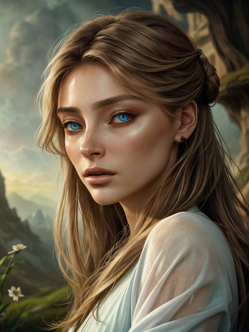 (ethereal fantasy concept art, magnificent, celestial, ethereal, painterly, epic, majestic, magical, fantasy art, cover art, dreamy:1.15), <lora:sd15_lora_AnnaVonKlinski_96_v1:.9> AnnaVonKlinski with dirty blonde highlights, focus on eyes, close up on face, hair styled as medium shag hair,