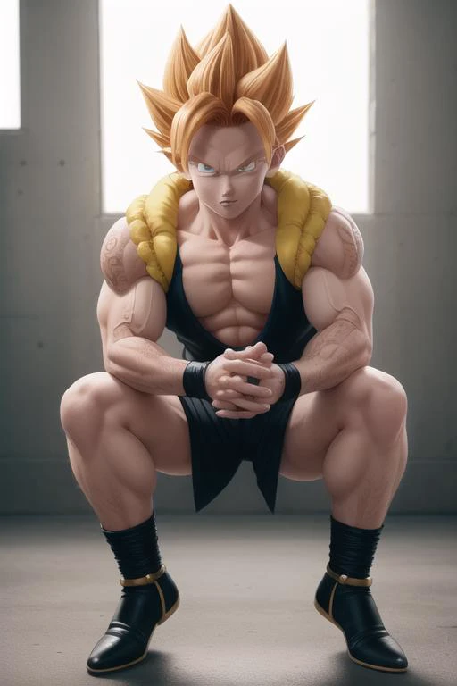 <lora:gogetaDragonBallGT_v10:0.6> gogeta,, proportional eyes, (realistic:1.5), extremely detailed, hyper detailed, soft lighting, detailed background, extreme detail background, sharp details, beautiful face, symmetrical eyes, short red hair, short hair, yellow hair, green eyes, man, high quality, (full body:1.3), smirk, flexing