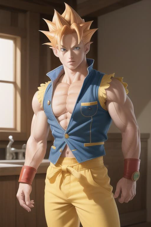 <lora:gogetaDragonBallGT_v10:0.05> (gogeta0.1), proportional eyes, (realistic:1.5), extremely detailed, hyper detailed, soft lighting, detailed background, extreme detail background, sharp details, beautiful face, symmetrical eyes, short red hair, short hair, yellow hair, green eyes, boy, high quality, (full body:1.3), smirk, vest, blue sash, white pants, wristband,