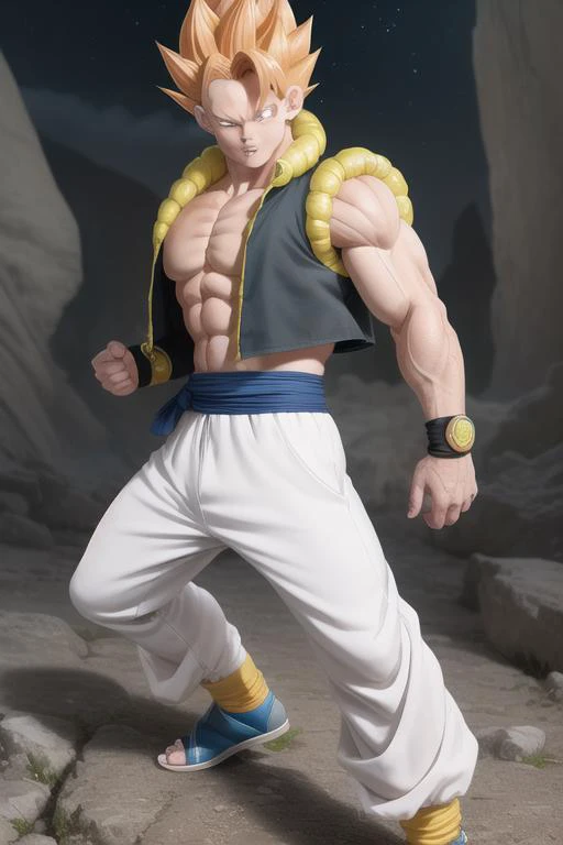 <lora:gogetaDragonBallGT_v10:0.5> gogeta,, proportional eyes, (realistic:1.5), extremely detailed, hyper detailed, soft lighting, detailed background, extreme detail background, sharp details, beautiful face, symmetrical eyes, short red hair, short hair, yellow hair, green eyes, man, high quality, (full body:1.3), smirk, flexing, vest, blue sash, white pants, wristband,