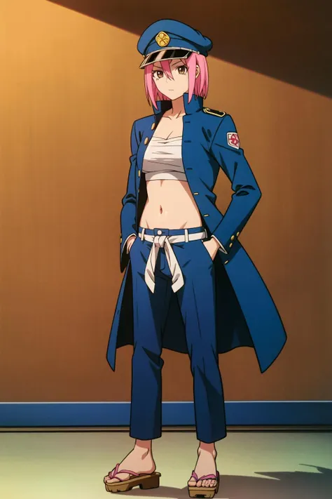 (extremely detailed CG unity 8k wallpaper),(masterpiece),(best quality),(ultra-detailed),(best illustration),(best shadow),(absurdres),(detailed background), <lora:OGT_Ranmaru_Rindou-v1:0.9> Ranmaru Rindou, 1girl, solo, hat, pink hair, brown eyes, geta, midriff, navel, gakuran, school uniform, sandals, short hair, pants, open clothes, breasts, hand in pocket, peaked cap