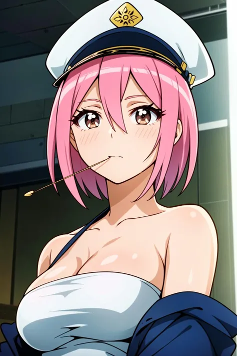 (extremely detailed CG unity 8k wallpaper),(masterpiece),(best quality),(ultra-detailed),(best illustration),(best shadow),(absurdres),(detailed background), <lora:OGT_Ranmaru_Rindou-v1:0.8> Ranmaru Rindou, 1girl, hat, solo, sarashi, cleavage, medium breasts, upper body, pink hair, brown eyes, short hair, mouth hold