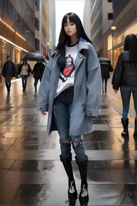 <lora:oversized-jacket:0.5>, woman wearing oversized_jacket, jeans, vintage t-shirt, rubber boots, city street, raining || masterpiece, perfect quality, sharp focus, shallow depth of field, 8k