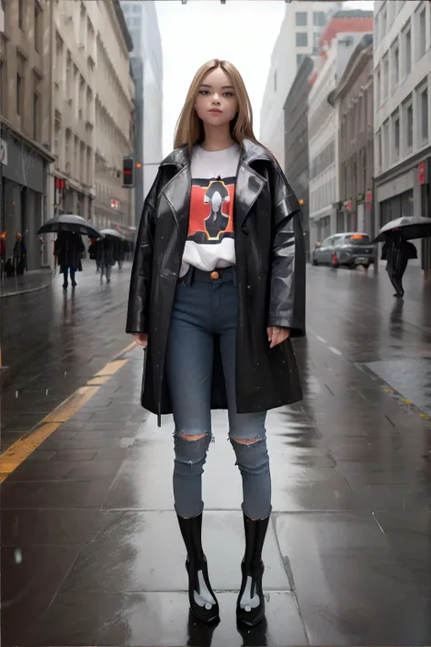 <lora:oversized-jacket:0.5>, woman wearing oversized_jacket, jeans, vintage t-shirt, rubber boots, city street, raining || masterpiece, perfect quality, sharp focus, shallow depth of field, 8k