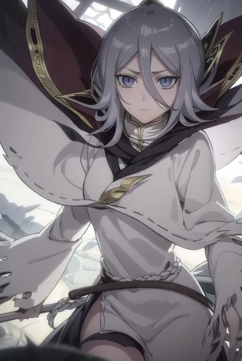 rukiakuchiki, <lora:rukia kuchiki movie3-lora-nochekaiser:1>,
dark rukia kuchiki, kuchiki rukia, short hair, grey hair, hair between eyes, (grey eyes:1.5),
BREAK cape, robe, white robe, high collar, long sleeves, torn clothes,
BREAK outdoors,
BREAK looking at viewer,
BREAK <lyco:GoodHands-beta2:1>, (masterpiece:1.2), best quality, high resolution, unity 8k wallpaper, (illustration:0.8), (beautiful detailed eyes:1.6), extremely detailed face, perfect lighting, extremely detailed CG, (perfect hands, perfect anatomy),