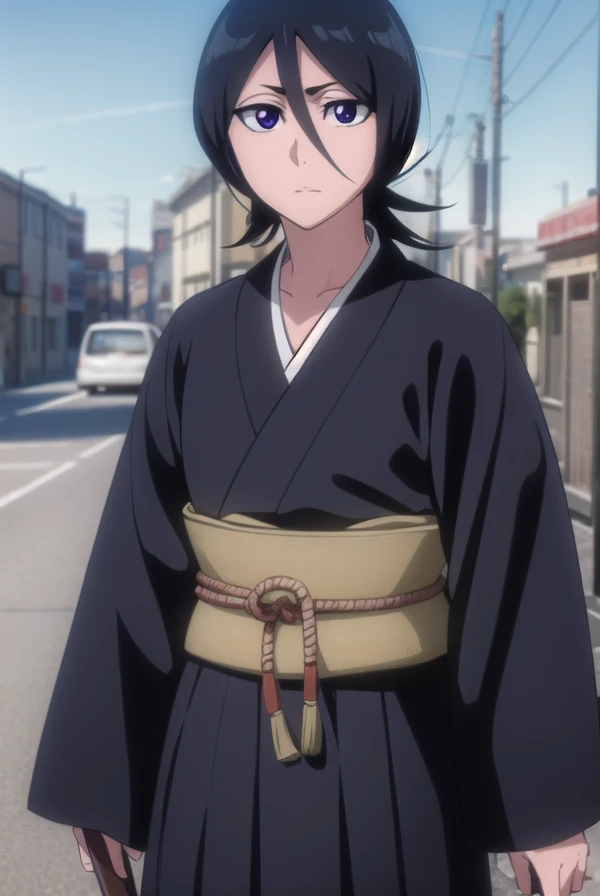 rukiakuchiki, <lora:rukiakuchiki-lora-nochekaiser:1>,
rukia kuchiki, default rukia, black hair, hair between eyes, (purple eyes:1.1),
BREAK weapon, japanese clothes, sword, kimono, katana, sheath, hakama, black kimono, long sleeves, wide sleeves,
BREAK outdoors, city
BREAK looking at viewer, (cowboy shot:1.5),
BREAK <lyco:GoodHands-beta2:1>, (masterpiece:1.2), best quality, high resolution, unity 8k wallpaper, (illustration:0.8), (beautiful detailed eyes:1.6), extremely detailed face, perfect lighting, extremely detailed CG, (perfect hands, perfect anatomy),