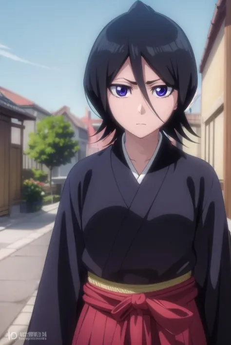 rukiakuchiki, <lora:rukiakuchiki-lora-nochekaiser:1>,
rukia kuchiki, default rukia, black hair, hair between eyes, (purple eyes:1.1),
BREAK weapon, japanese clothes, sword, kimono, katana, sheath, hakama, black kimono, long sleeves, wide sleeves,
BREAK outdoors, city
BREAK looking at viewer, (cowboy shot:1.5),
BREAK <lyco:GoodHands-beta2:1>, (masterpiece:1.2), best quality, high resolution, unity 8k wallpaper, (illustration:0.8), (beautiful detailed eyes:1.6), extremely detailed face, perfect lighting, extremely detailed CG, (perfect hands, perfect anatomy),