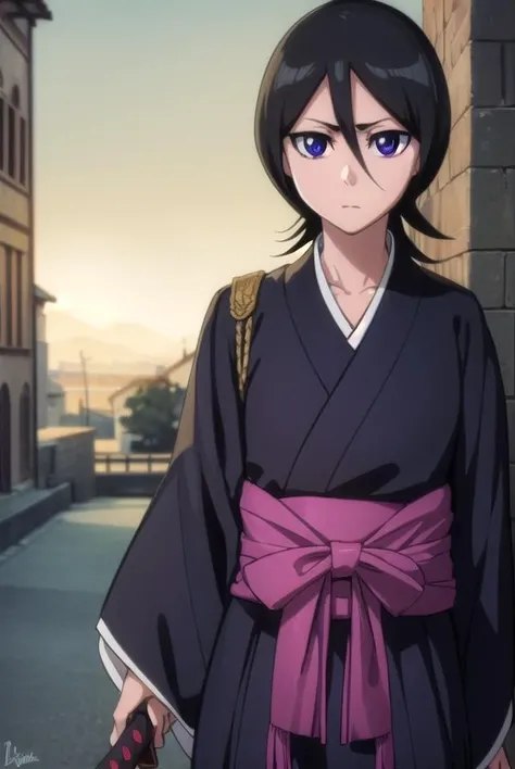 rukiakuchiki, <lora:rukiakuchiki-lora-nochekaiser:1>,
rukia kuchiki, default rukia, black hair, hair between eyes, (purple eyes:1.1),
BREAK weapon, japanese clothes, sword, kimono, katana, sheath, hakama, black kimono, long sleeves, wide sleeves,
BREAK outdoors, city
BREAK looking at viewer, (cowboy shot:1.5),
BREAK <lyco:GoodHands-beta2:1>, (masterpiece:1.2), best quality, high resolution, unity 8k wallpaper, (illustration:0.8), (beautiful detailed eyes:1.6), extremely detailed face, perfect lighting, extremely detailed CG, (perfect hands, perfect anatomy),