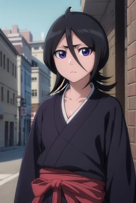 rukiakuchiki, <lora:rukiakuchiki-lora-nochekaiser:1>,
rukia kuchiki, default rukia, black hair, hair between eyes, (purple eyes:1.1),
BREAK weapon, japanese clothes, sword, kimono, katana, sheath, hakama, black kimono, long sleeves, wide sleeves,
BREAK outdoors, city
BREAK looking at viewer, (cowboy shot:1.5),
BREAK <lyco:GoodHands-beta2:1>, (masterpiece:1.2), best quality, high resolution, unity 8k wallpaper, (illustration:0.8), (beautiful detailed eyes:1.6), extremely detailed face, perfect lighting, extremely detailed CG, (perfect hands, perfect anatomy),