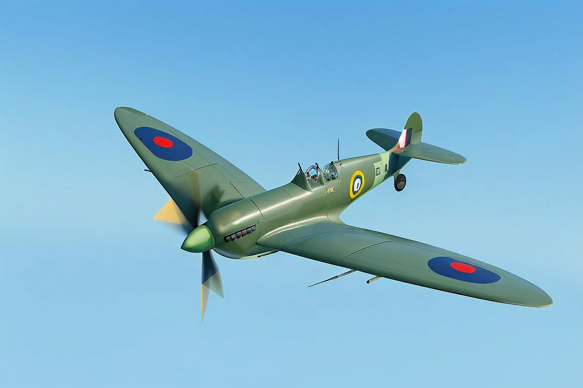 a green and blue airplane flying through a blue sky with clouds in the background, spitfire, flying,
<lora:Supermarine_Spitfire_Fighter:0.7>