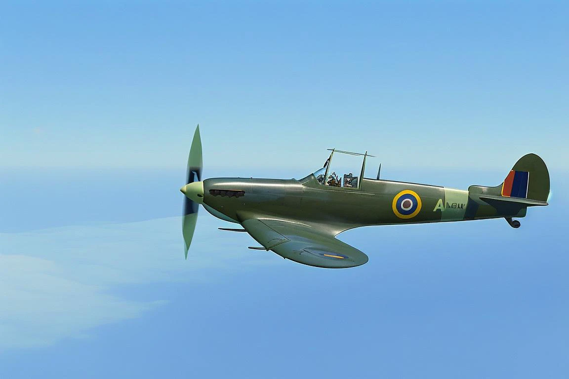 a green and blue airplane flying through a blue sky with clouds in the background, spitfire, flying,
<lora:Supermarine_Spitfire_Fighter:0.7>