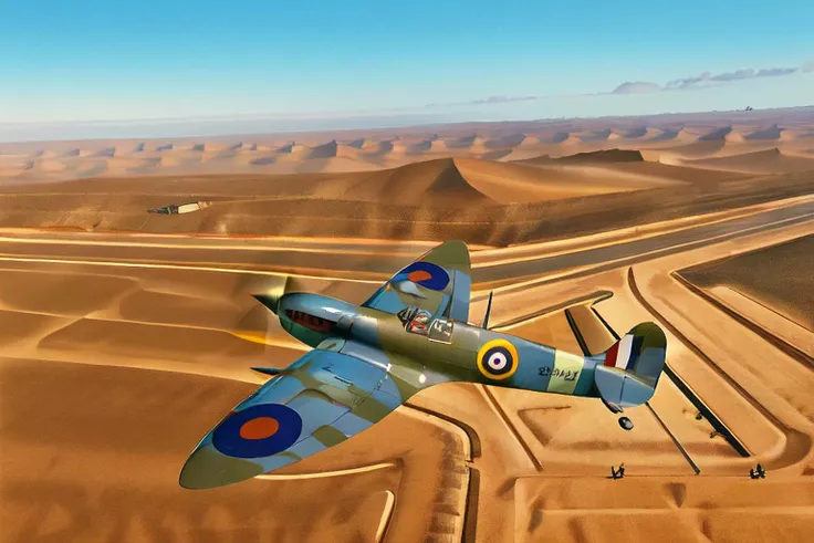 spitfire, fighter plane, flying, over the desert, realistic, detailed, masterpiece,