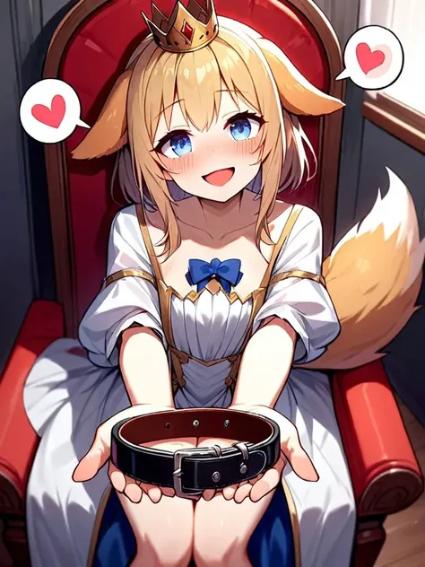 1girl, (collar on her palms, grab collar), collar, (holding collar and leash),
(pov),
(dog ear), (dog tail ornament),(head tilt), blonde hair, (royal crown),
white royal dress, (spoken heart:1.5), (from above),(looking up),gargling, open mouth,
smile, (happy), kind, blush, collarbone,
looking at viewer,
sitting on throne, in room
<lora:collar4u-v2:1>, masterpiece, best quality, very aesthetic, absurdres, latest