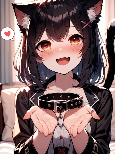 1girl,
(collar on her palms, grab collar), (collar), (holding collar),
(cat ear),(cat red eyes), (cat tail ornament, ring),(head tilt), black hair, (x hairpin),(fang),
gothic jacket, (spoken heart:1.5),
smile, (happy), kind, blush, collarbone,
(pov),looking at viewer,
sitting on sofa, in room
<lora:collar4u-v3-000010:1>
masterpiece, best quality, very aesthetic, absurdres, latest