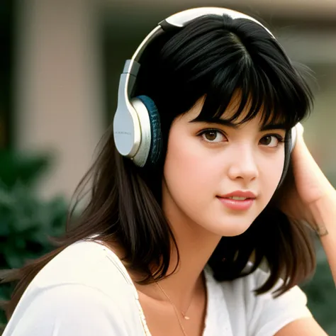 a photo of pho3b3cat3s, beautiful woman, ((24 years old)), headphones, mall, 1980s, retro, long wavy dark hair, (masterpiece), (extremely detailed CG unity 8k wallpaper), Intricate, ((photorealistic)),