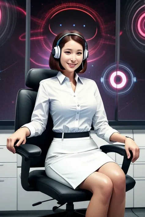 (office woman) in (brainwashing chair), (white office blouse with covered nipples and latex pencil skirt:1), (@_@), (Brainwashing), (Mind Control), (Mind control Headset), collar, Mind Control, Hypnosis, Mind Control Visor, brainwashing machine, entranced, creepy smile, (sitting in brainwashing chair),