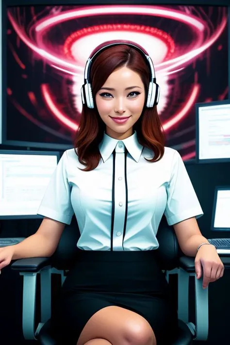 (office woman) in (brainwashing chair), (white office blouse with covered nipples and latex pencil skirt:1), (@_@), (Brainwashing), (Mind Control), (Mind control Headset), collar, Mind Control, Hypnosis, Mind Control Visor, brainwashing machine, entranced, creepy smile, (sitting in brainwashing chair),