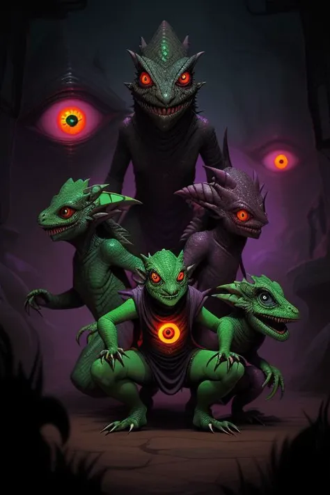 Lizard Kobolds, cursed, corruption, glowing lizard eyes, evil, menacing, horror fantasy,