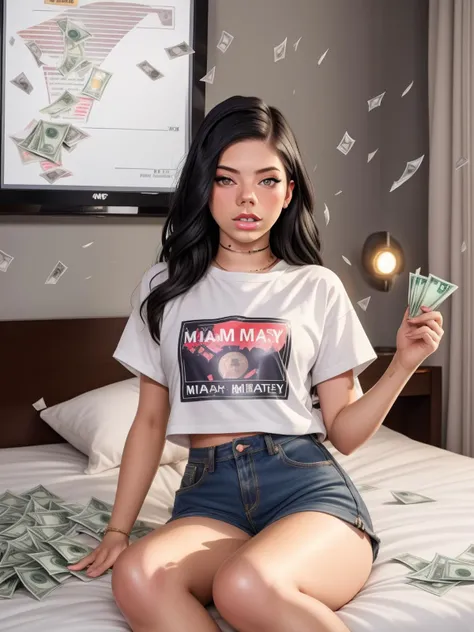 ((sfw)) ginaval sitting on a bed in a pile of money, $100 bills in the air like confetti, ((dollar sign pupils)),