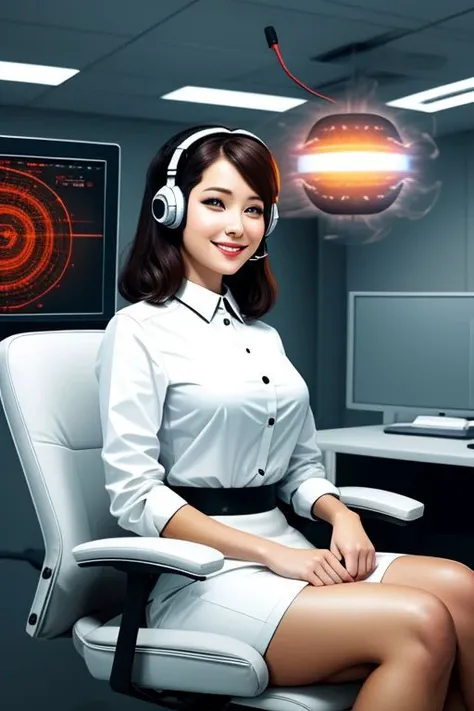 (office woman) in (brainwashing chair), (white office blouse with covered nipples and latex pencil skirt:1), (@_@), (Brainwashing), (Mind Control), (Mind control Headset), collar, Mind Control, Hypnosis, Mind Control Visor, brainwashing machine, entranced, creepy smile, (sitting in brainwashing chair),