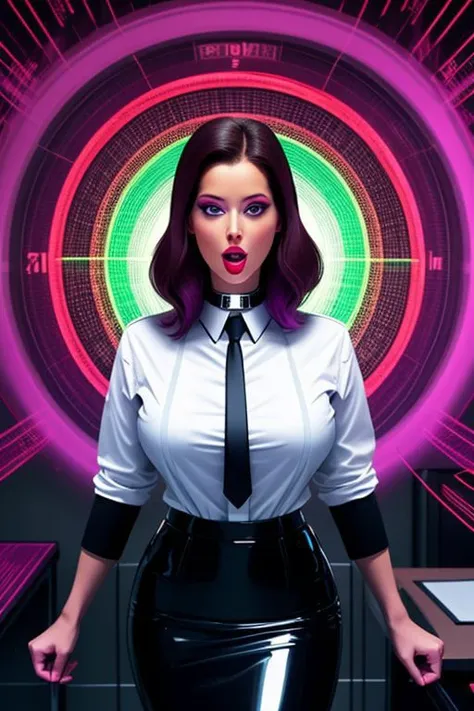 (latex office woman) looking at (brainwashing glowing spiral screen), (white office blouse with covered nipples and latex pencil skirt:1), (@_@), (Brainwashing), (Mind Control), (Mind control screen), collar, Mind Control, Hypnosis, Mind Control Collar, brainwashing machine, evil photograph, entranced, surreal horror, hanging mouth, drooling